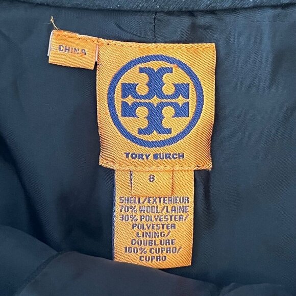 Tory Burch Wide Leg Career Pant Black Large Silver Logo Button Wool Blend Size 8 - Picture 8 of 11